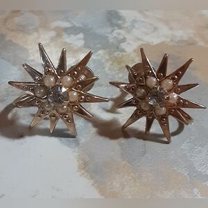Art Deco STARBURST EARRINGS Seed Pearl & Crystal Gold Plate Screw Backs